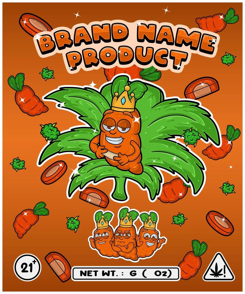 Carrot Strain In Herbal Leaf and Brand Name Product Packaging. For Product, Label, Business and Brand Product. Vectors Illustrations.