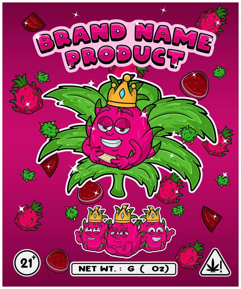 Dragon Fruit Strain In Herbal Leaf and Brand Name Product Packaging. For Product, Label, Business and Brand Product. Vectors Illustrations.