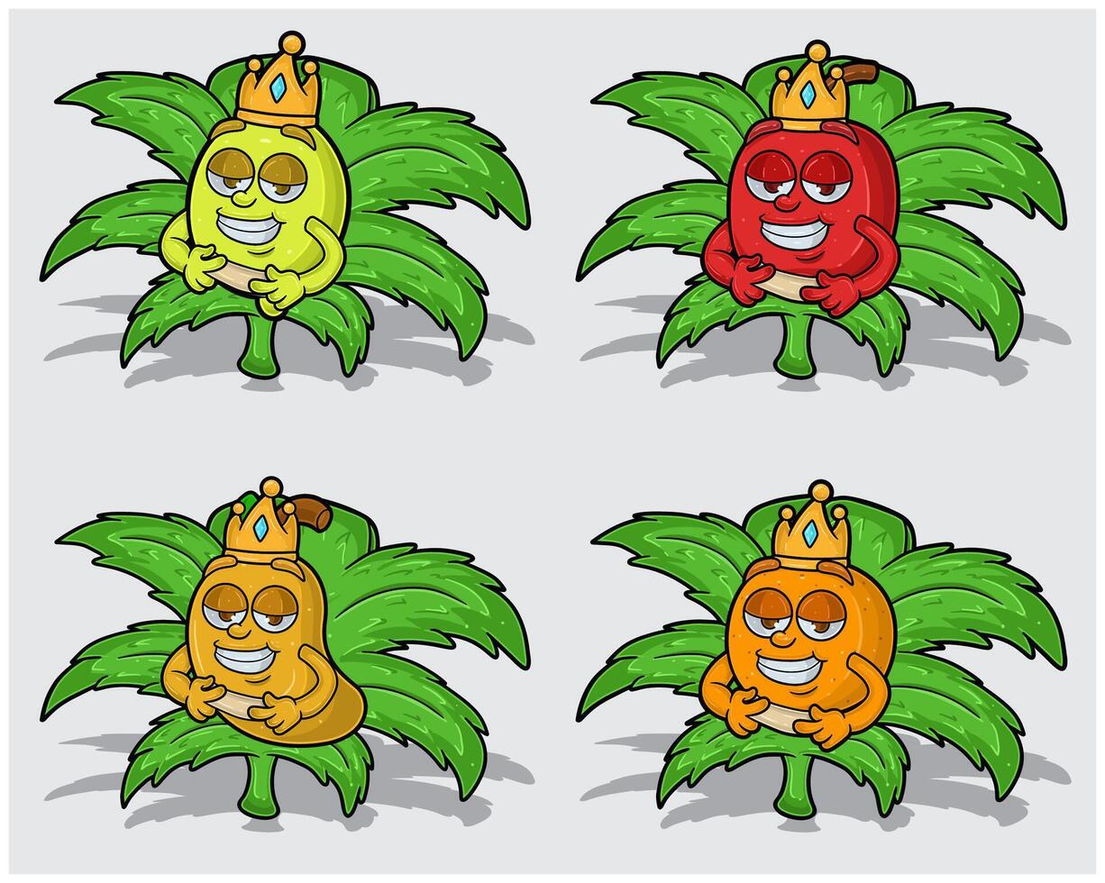 Cartoon Characters of Lemon, Apple, Mango and Orange Fruit With Crown in Herbal Leaves vector