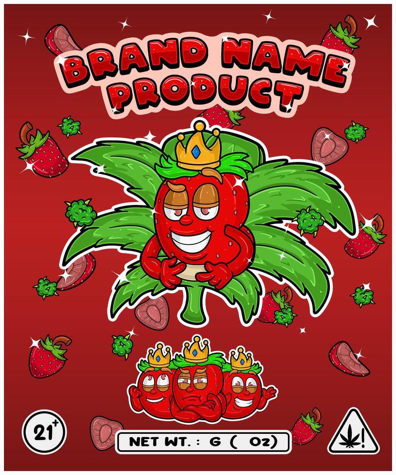 Strawberry Fruit Strain In Herbal Leaf and Brand Name Product Packaging. For Product, Label, Business and Brand Product. Vectors Illustrations.