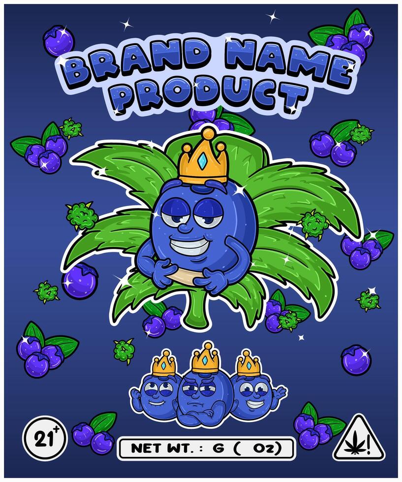 Blueberry Fruit Strain In Herbal Leaf and Brand Name Product Packaging. For Product, Label, Business and Brand Product. Vectors Illustrations.