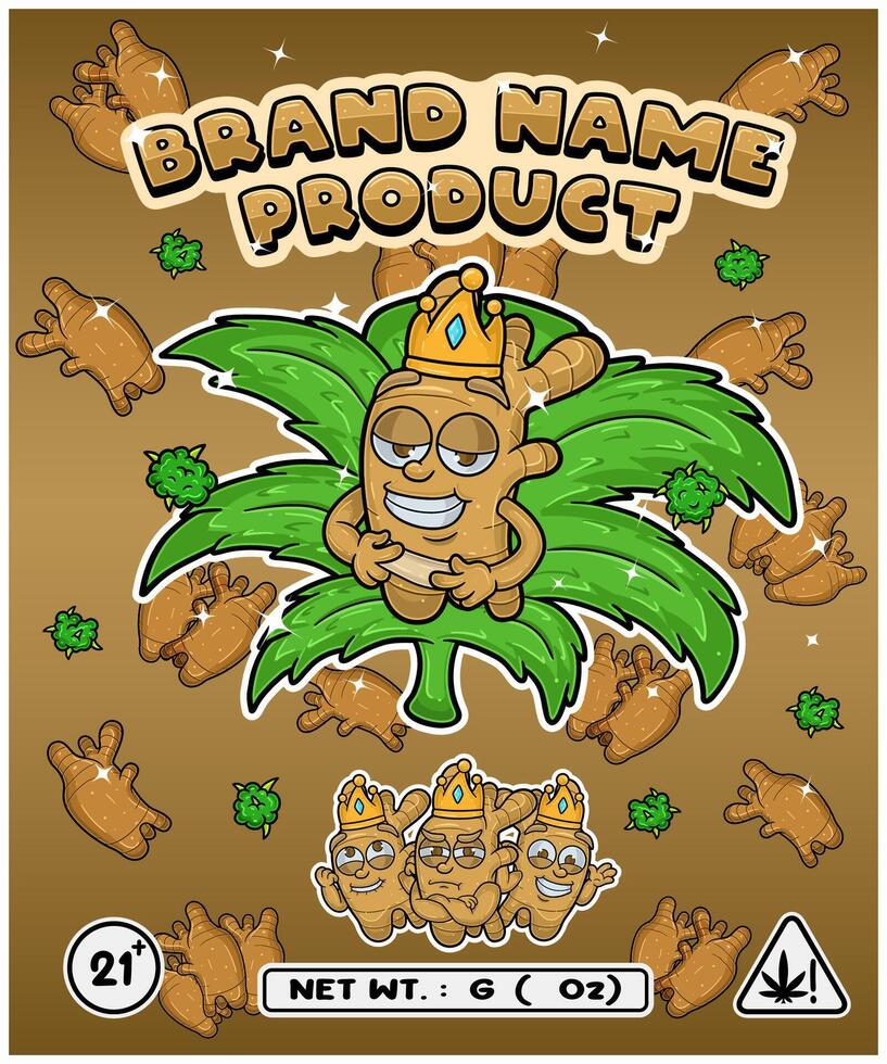 Ginger Strain In Herbal Leaf and Brand Name Product Packaging. For Product, Label, Business and Brand Product. Vectors Illustrations.