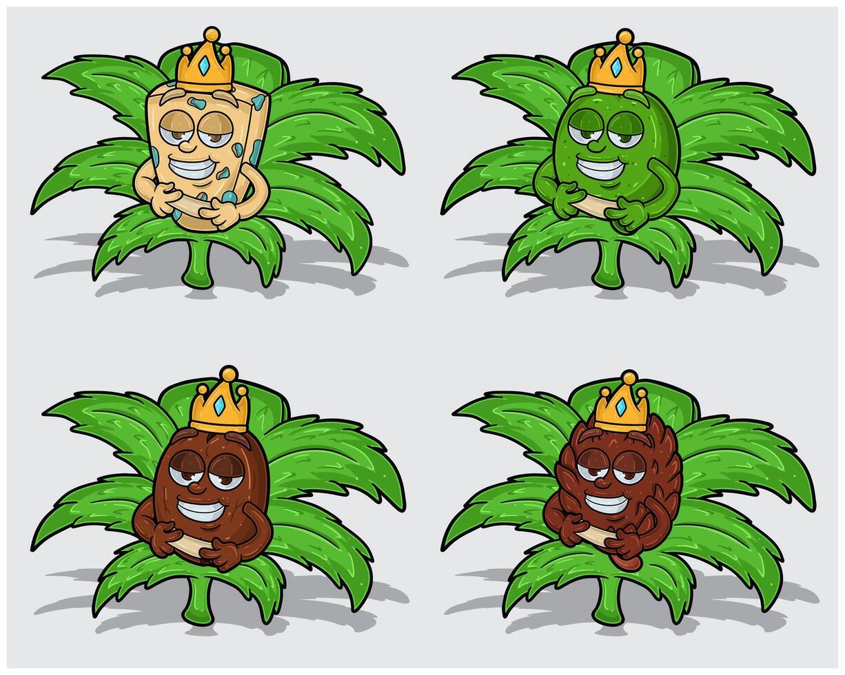 Cartoon Characters of Bluecheese, Lime, Coffee and Pine With Crown in Herbal Leaves vector