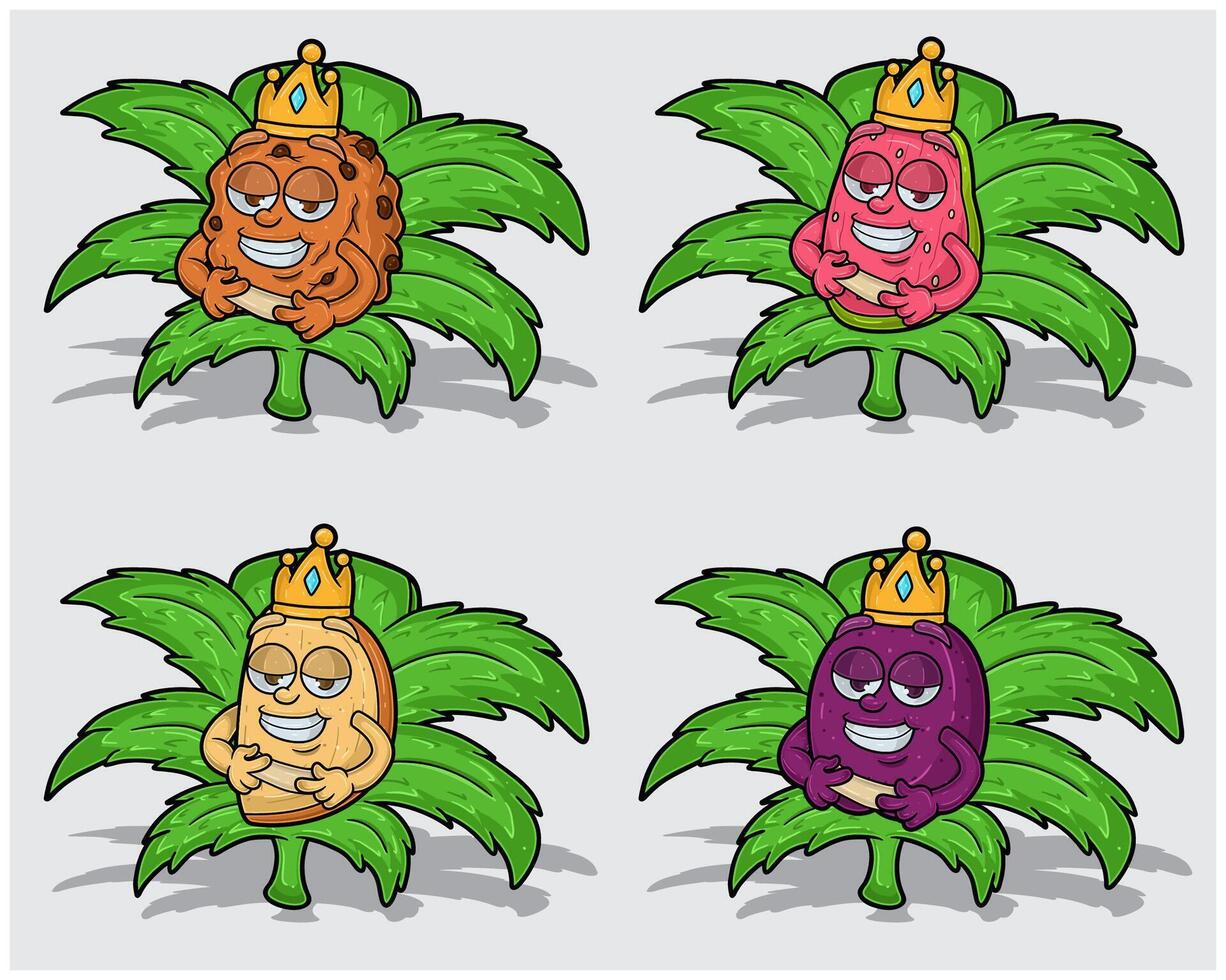 Cartoon Characters of Cookies, Guava, Biscotti and Plum With Crown in Herbal Leaves vector