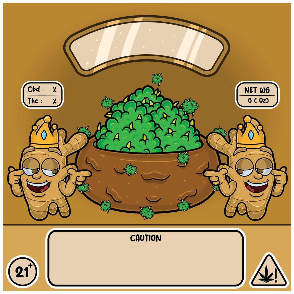 Ginger Strain with Herbal Leaves in cartoon style. Herbal Leaves Design For Logo, Label and Packaging Product. vector