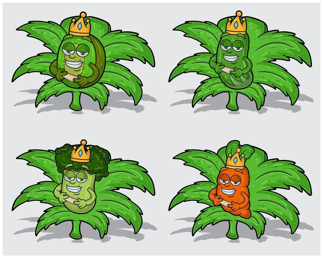 Cartoon Characters of Kiwi, Cucumber, Broccoli and Carrot With Crown in Herbal Leaves vector
