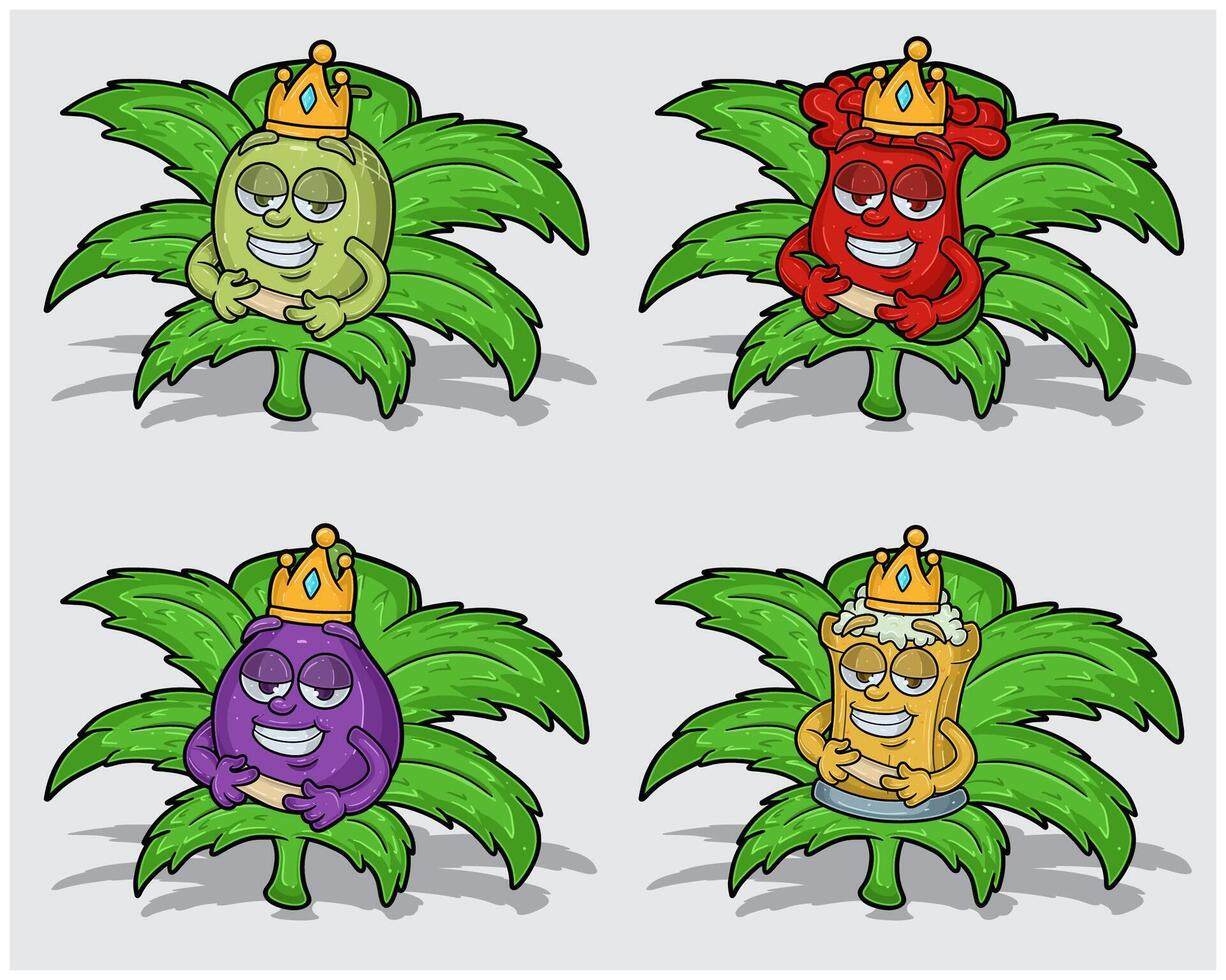 Cartoon Characters of Melon, Roses, Fig Fruit and Root Beer With Crown in Herbal Leaves vector