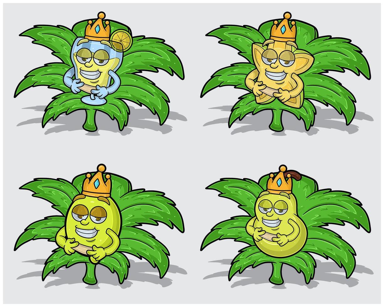 Cartoon Characters of Margarita, Star Fruit, Lemon and Pear With Crown in Herbal Leaves vector