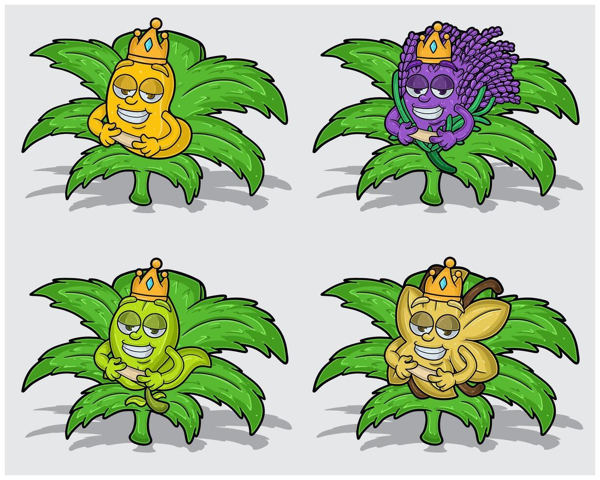 Cartoon Characters of Jelly Bean, Lavender, Tea and Vanilla With Crown in Herbal Leaves vector