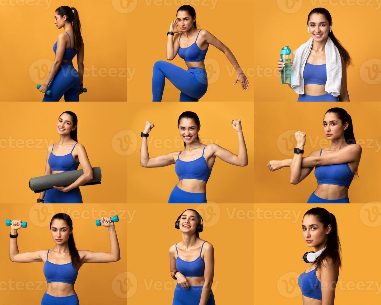 A young woman is captured in various dynamic fitness poses, displaying strength and enthusiasm while dressed in blue workout attire. The bright yellow background enhances her active energy. photo