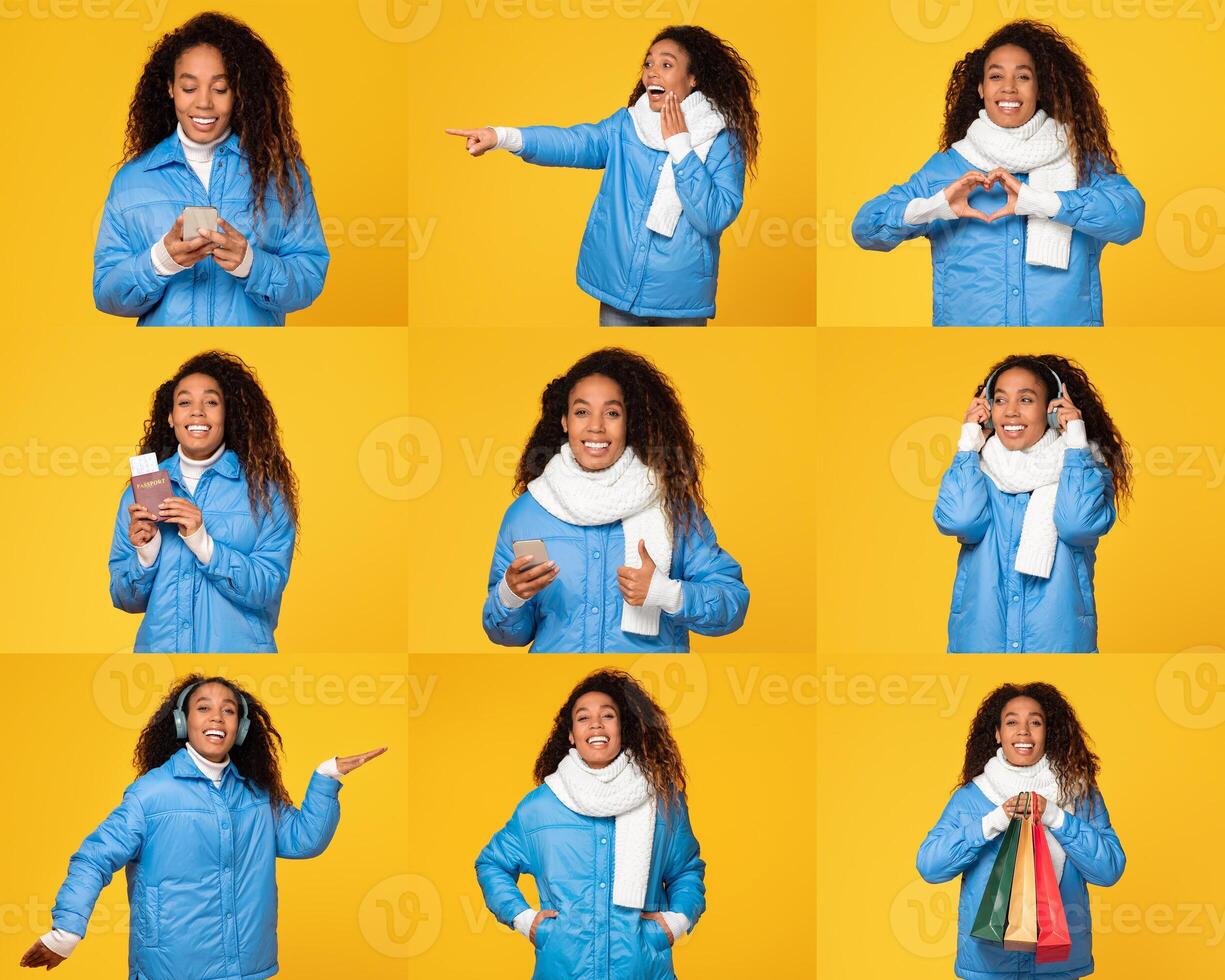A young woman joyfully expresses various emotions while wearing a blue jacket and a white scarf. The bright yellow backdrop enhances her vibrant energy and playful gestures throughout. photo