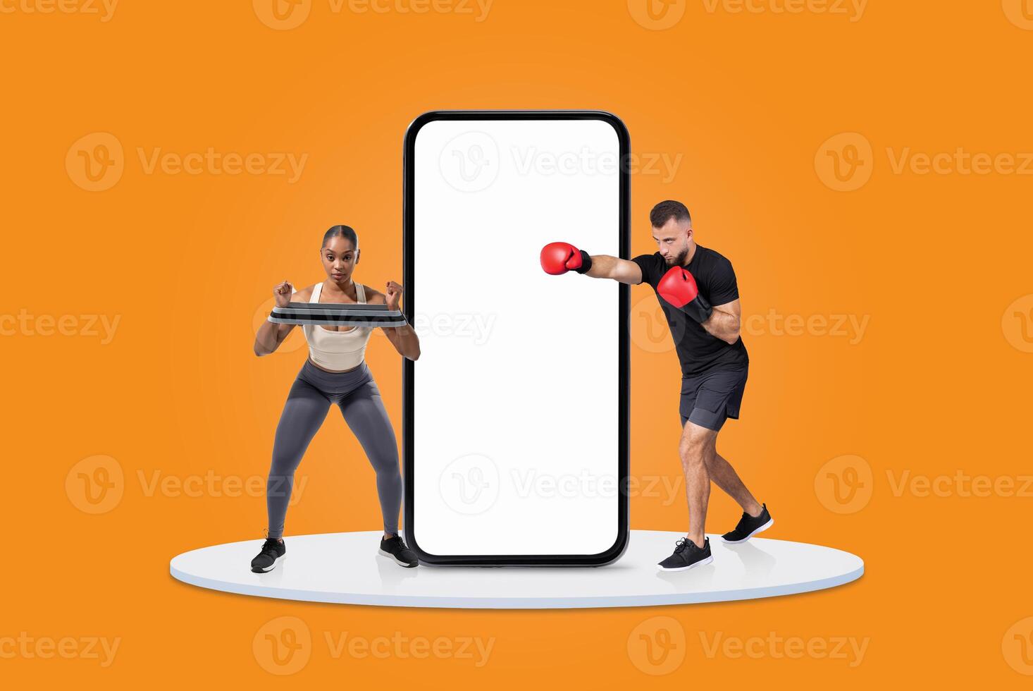 A woman exercises with a tablet while a man practices boxing with gloves. Their surroundings are bright orange, highlighting the blend of technology and physical training. photo