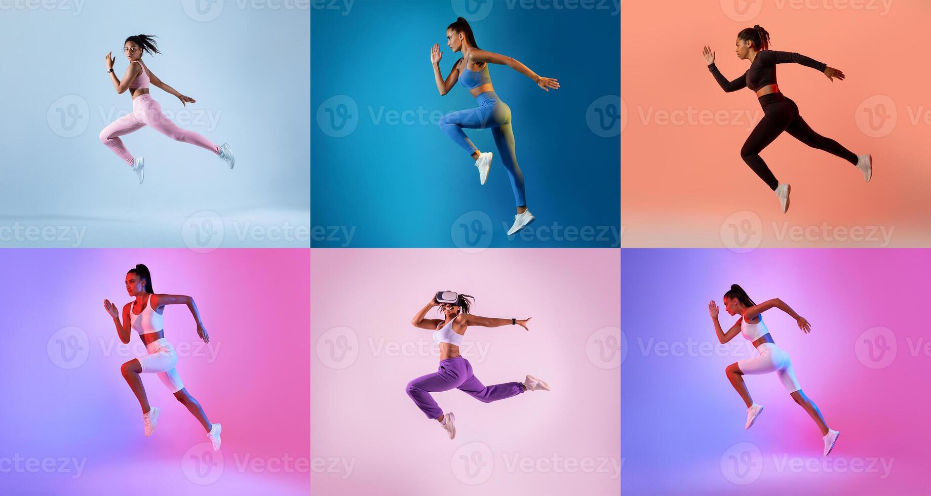 Athletic models in stylish activewear are captured mid-jump against colorful backdrops. Each model demonstrates energy and form, highlighting the versatility of modern fitness clothing. photo