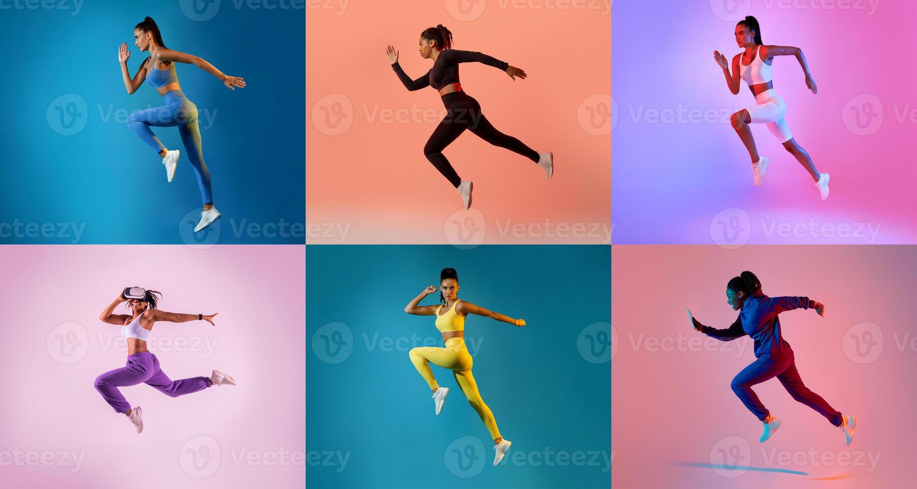 A group of athletes in colorful activewear perform dynamic jumping poses against various bright backgrounds. The energy and movement highlight athleticism and style in fitness. photo