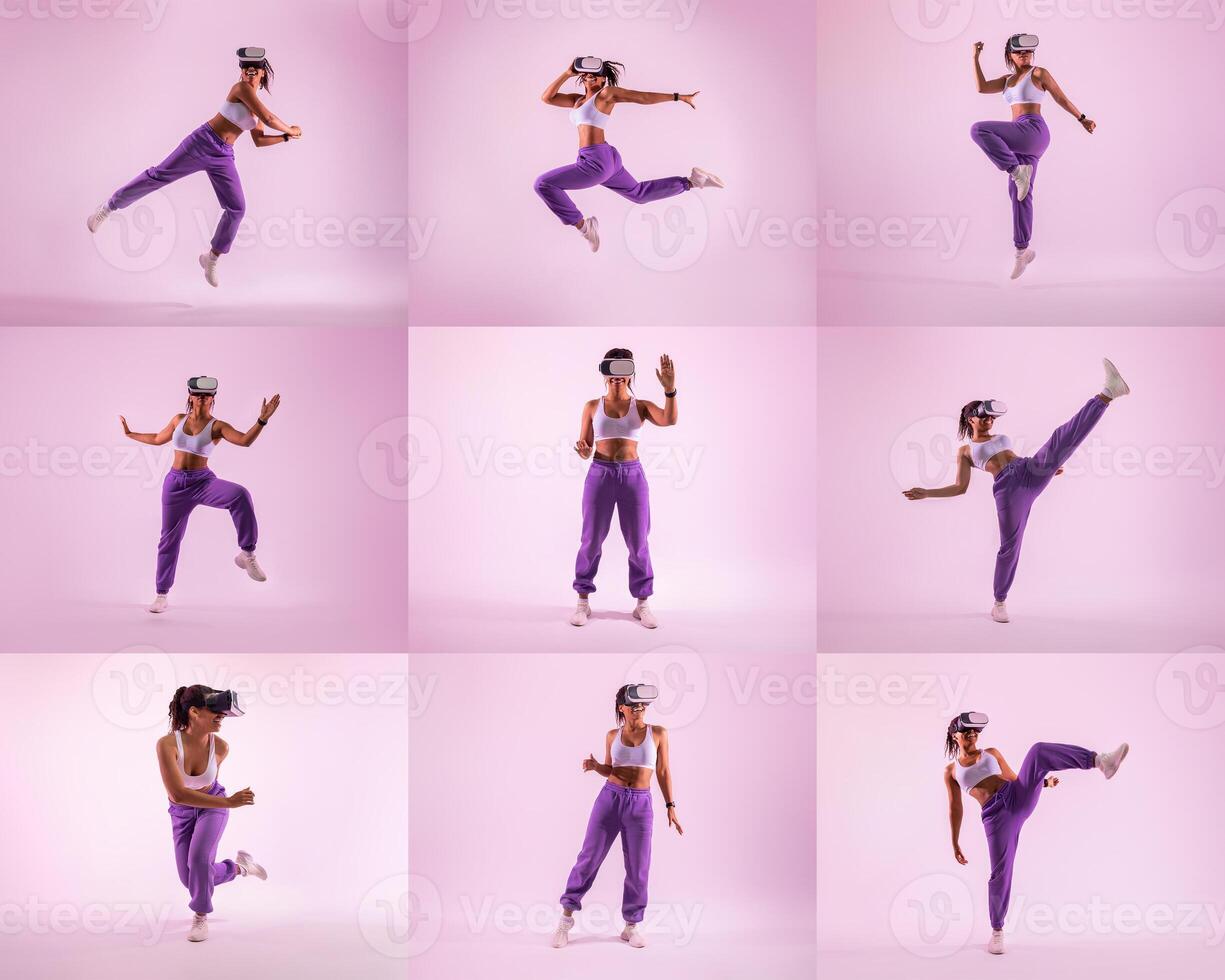 African American young woman wears a virtual reality headset as she performs dynamic movements in a colorful studio. Her energetic actions capture the immersive experience of VR gaming and movement. photo