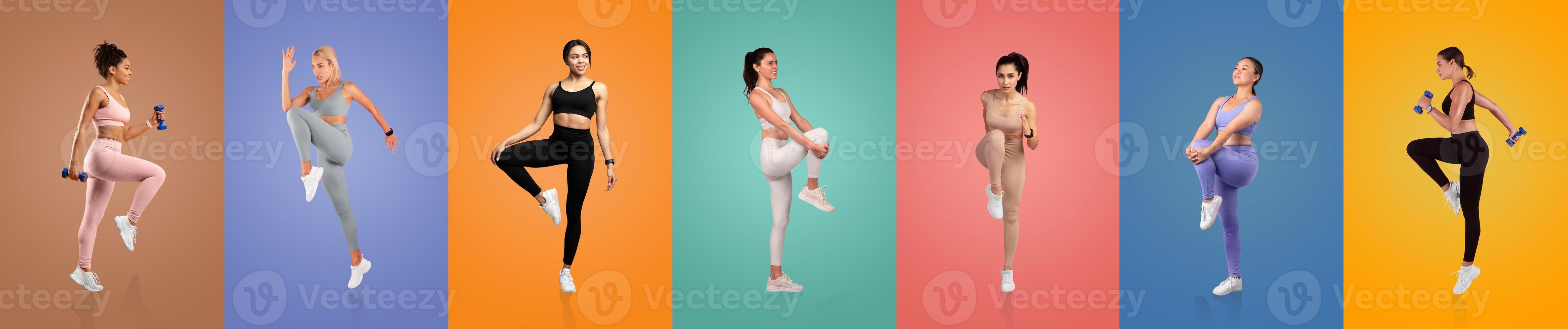 A group of women engages in diverse fitness activities, showcasing enthusiasm and energy while dressed in vibrant workout clothes against colorful backgrounds, promoting health and movement. photo