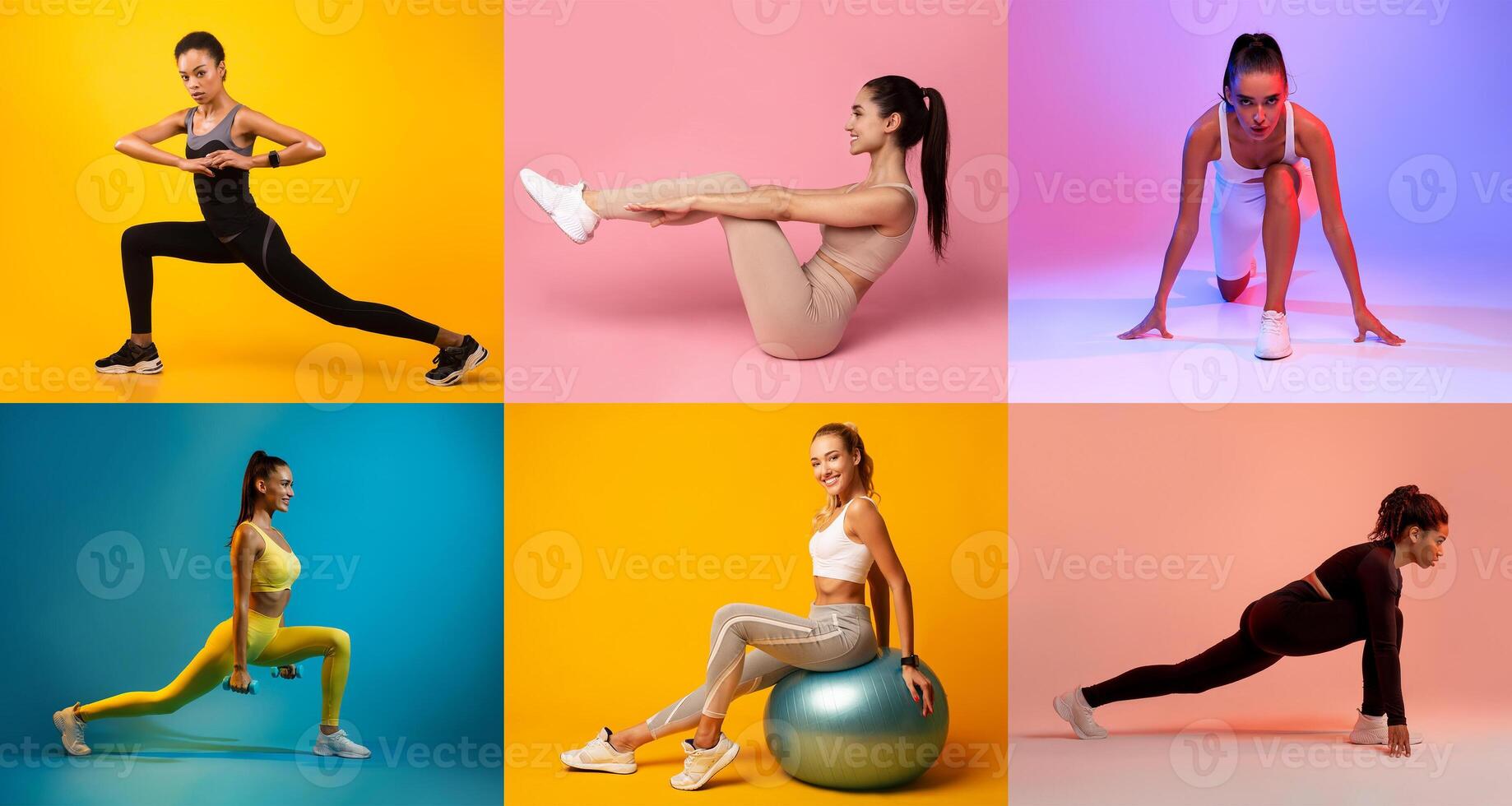 Diverse women demonstrate various fitness exercises in vibrant settings, highlighting lunges, seated workouts, and weights, reflecting an energetic and active lifestyle through diverse movements. photo