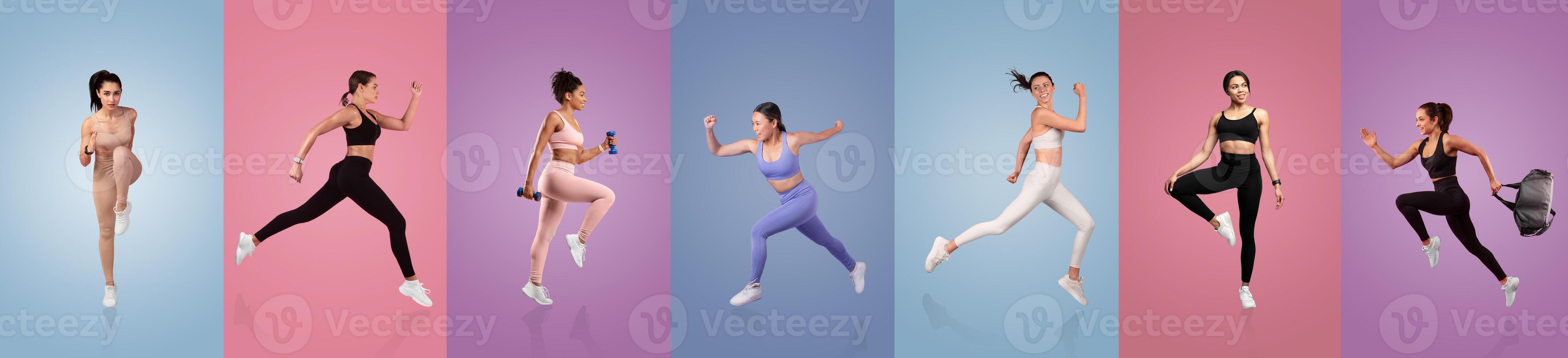 A woman is captured in motion while performing multiple sports activities. She transitions between running, weightlifting, and other fitness exercises, showcasing energy and strength. photo