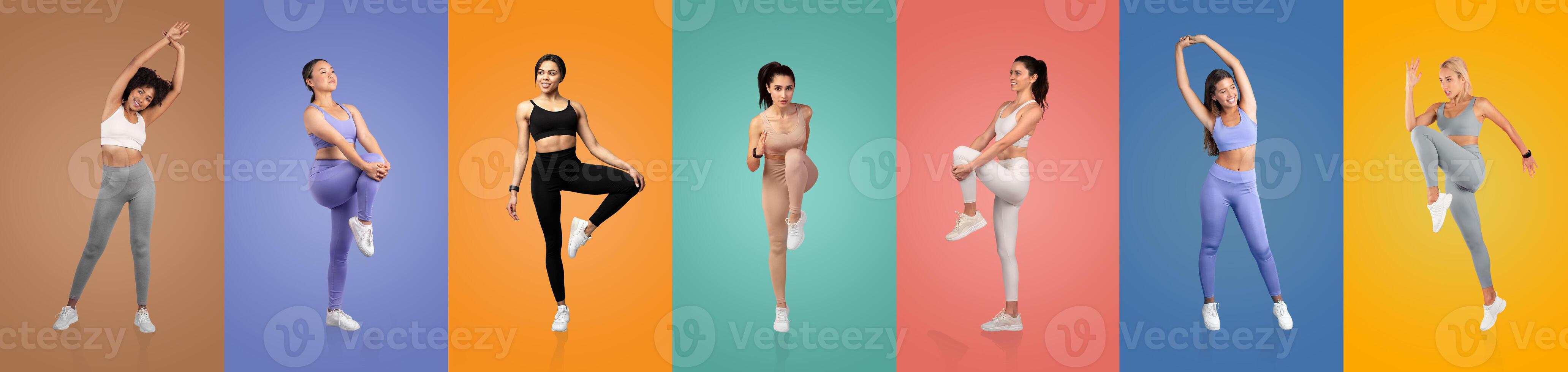 A group of women engages in diverse workout poses, showcasing different fitness routines and styles. The vibrant backgrounds enhance the energetic atmosphere of the activity. photo