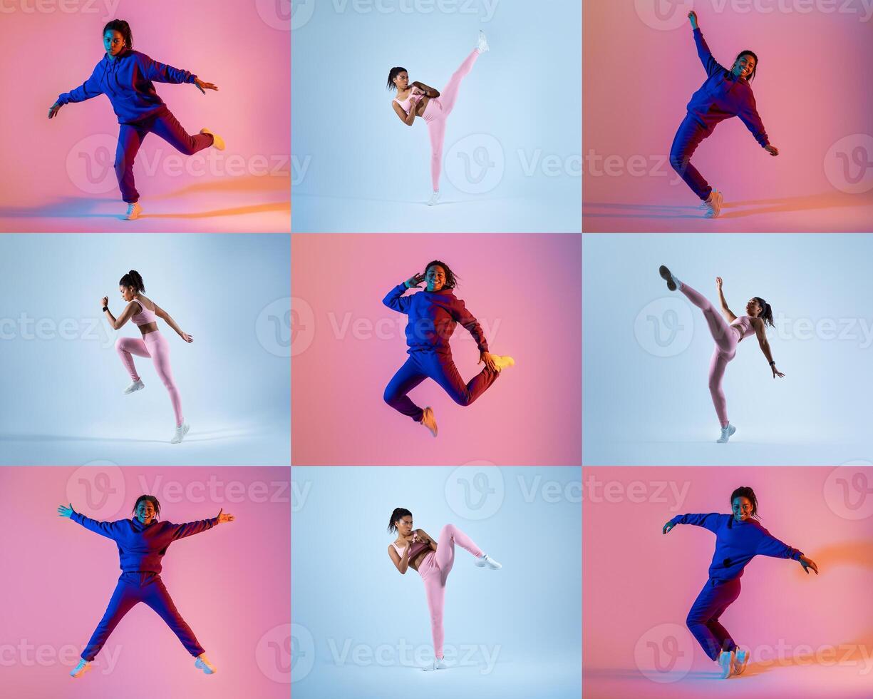A young dancer showcases a variety of energetic poses against a vibrant backdrop, capturing the spirit of movement and creativity during a dance session. photo