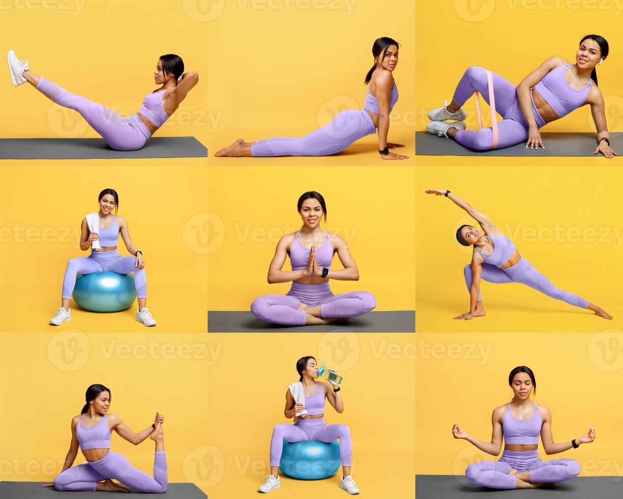 A fitness enthusiast showcases multiple workout routines, including stretching, strength training, and relaxation poses, set against a bright yellow background in a studio. photo