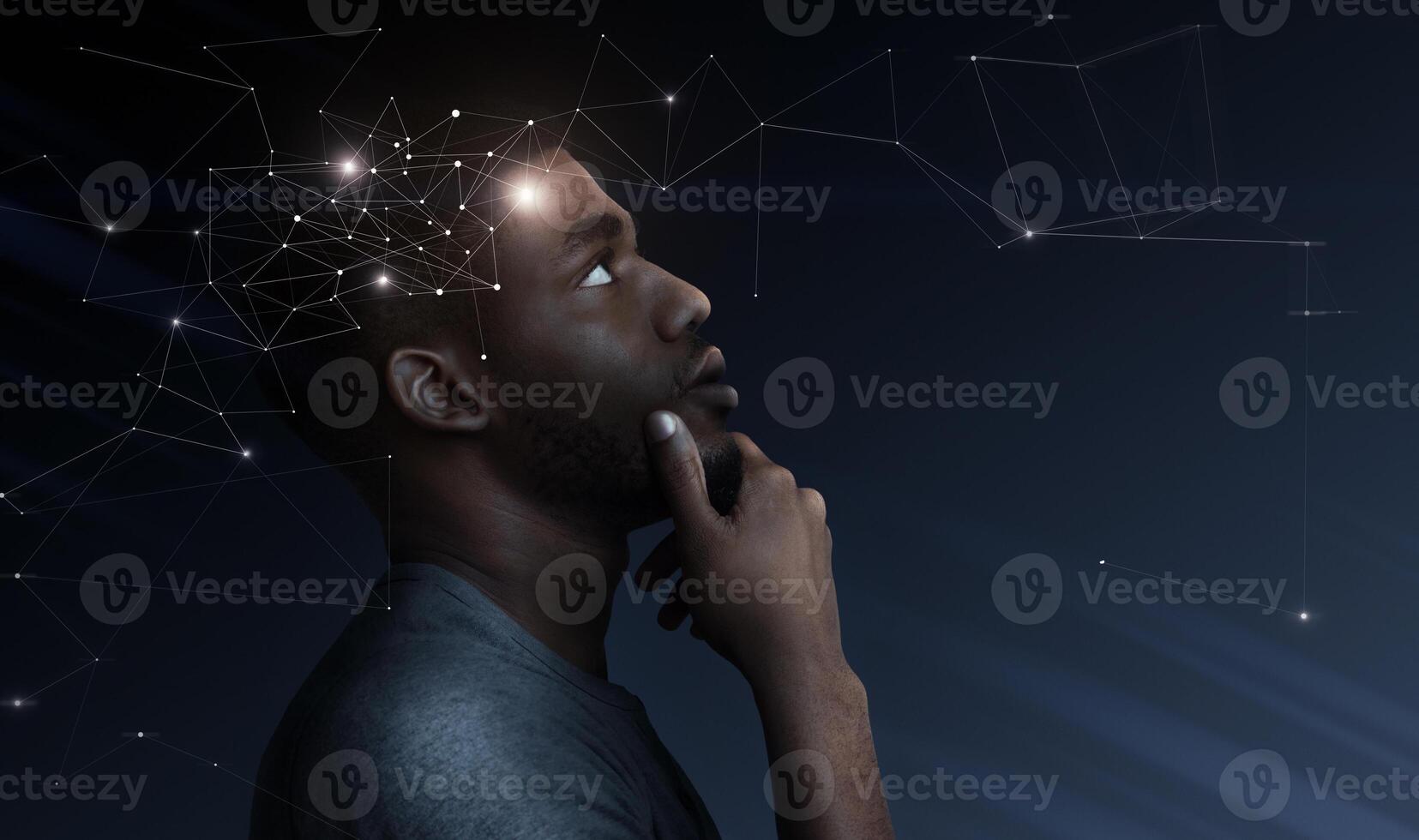 Concept of thinking. Thoughtful african man with illustration of brain activity process, free space photo