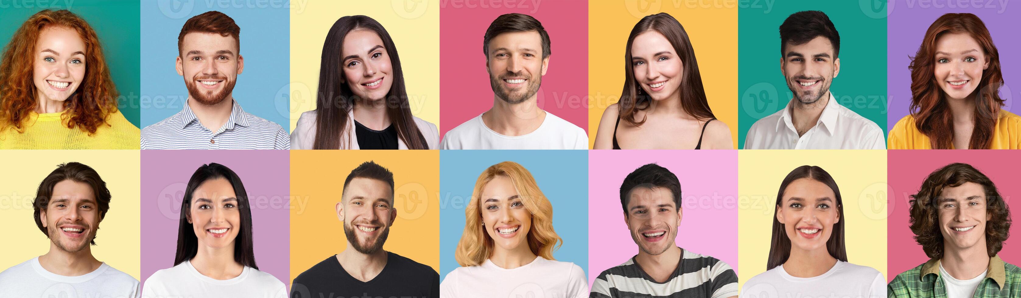 Collection of multiple avatar of happy young people. Smiling men and women faces. Positive human emotion. Concept of variety, diversity and individuality in modern community, panorama photo