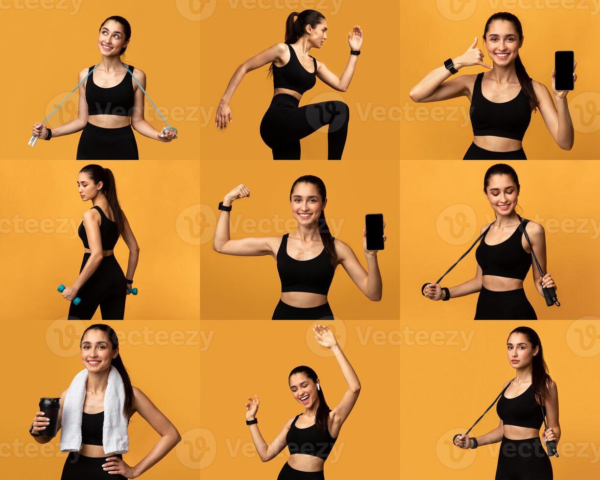 A young woman participates in various fitness routines, showcasing strength and enthusiasm. photo