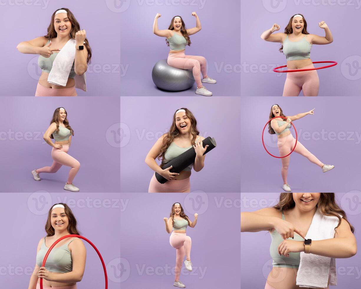 Overweight woman dressed in activewear performs various exercises, including lifting weights, hula hooping, and using a stability ball, all set against a colorful pastel background. photo