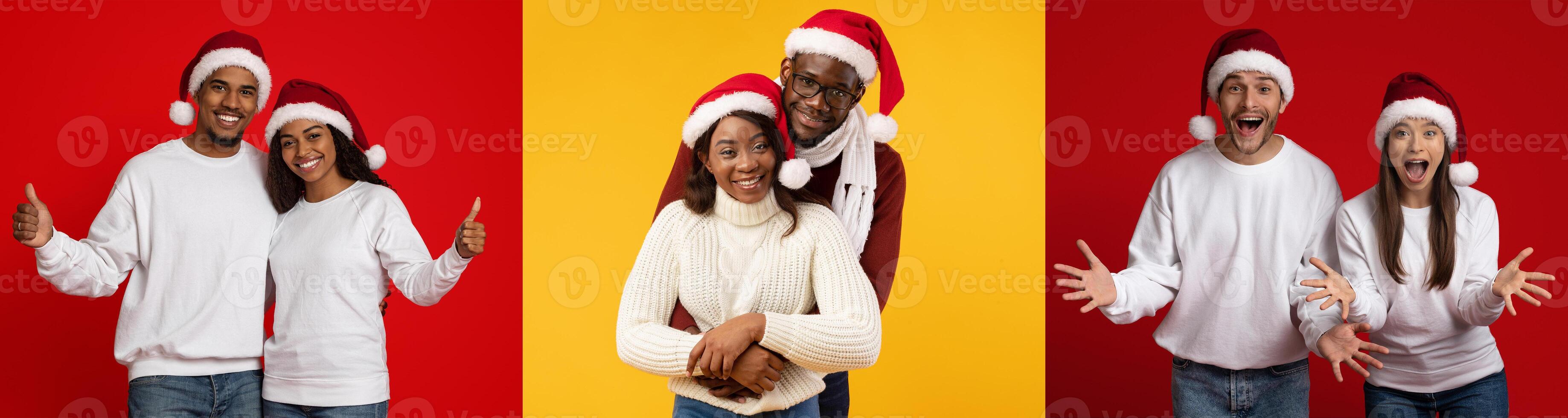 Diverse couples share joyful moments while wearing Christmas hats and sweaters. They pose playfully against bright red and yellow backgrounds, radiating holiday spirit and happiness. photo