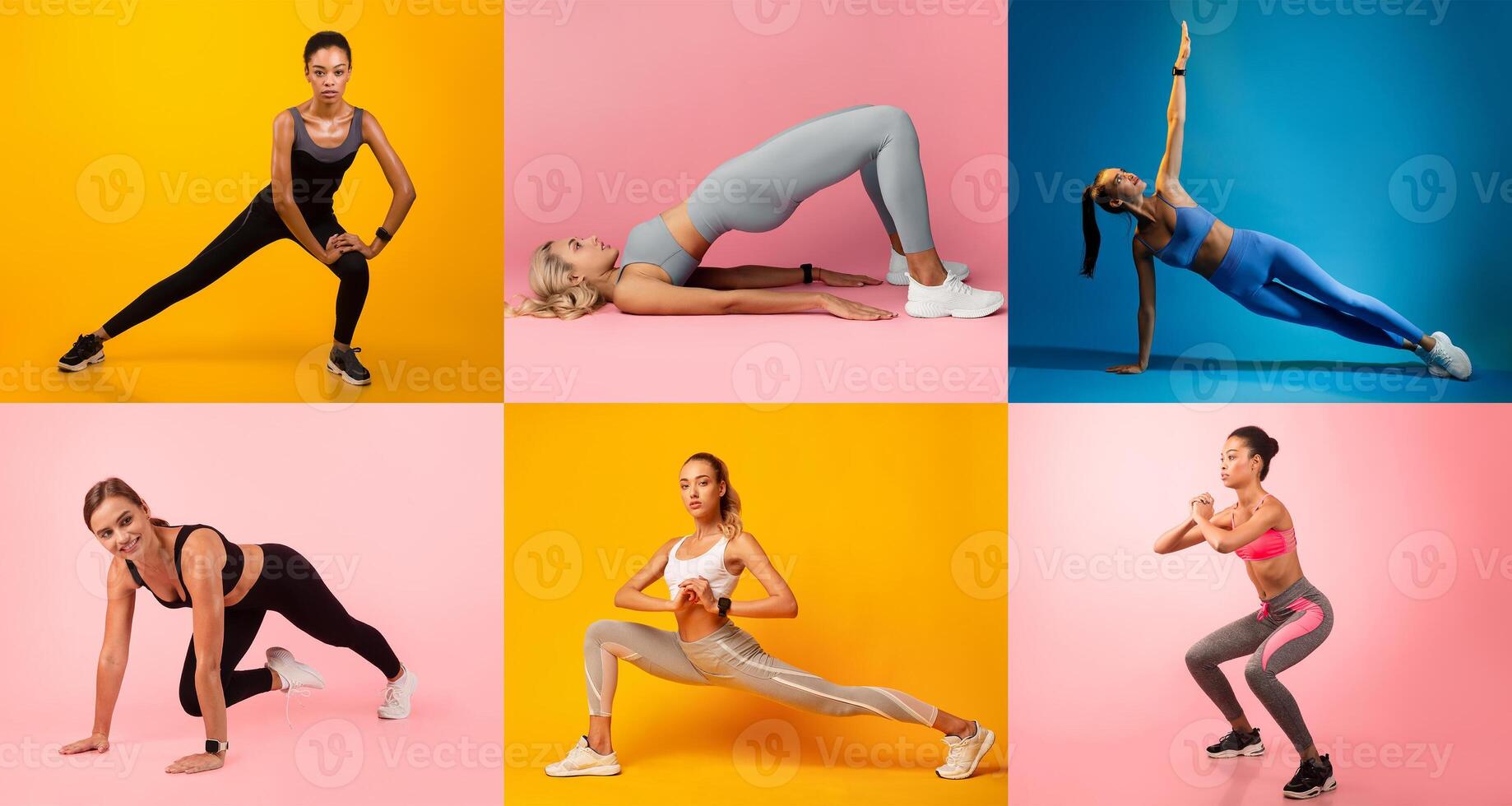 Six women perform various fitness exercises against vibrant backgrounds, showcasing strength and flexibility. The setting highlights diverse workout styles and fitness techniques. photo