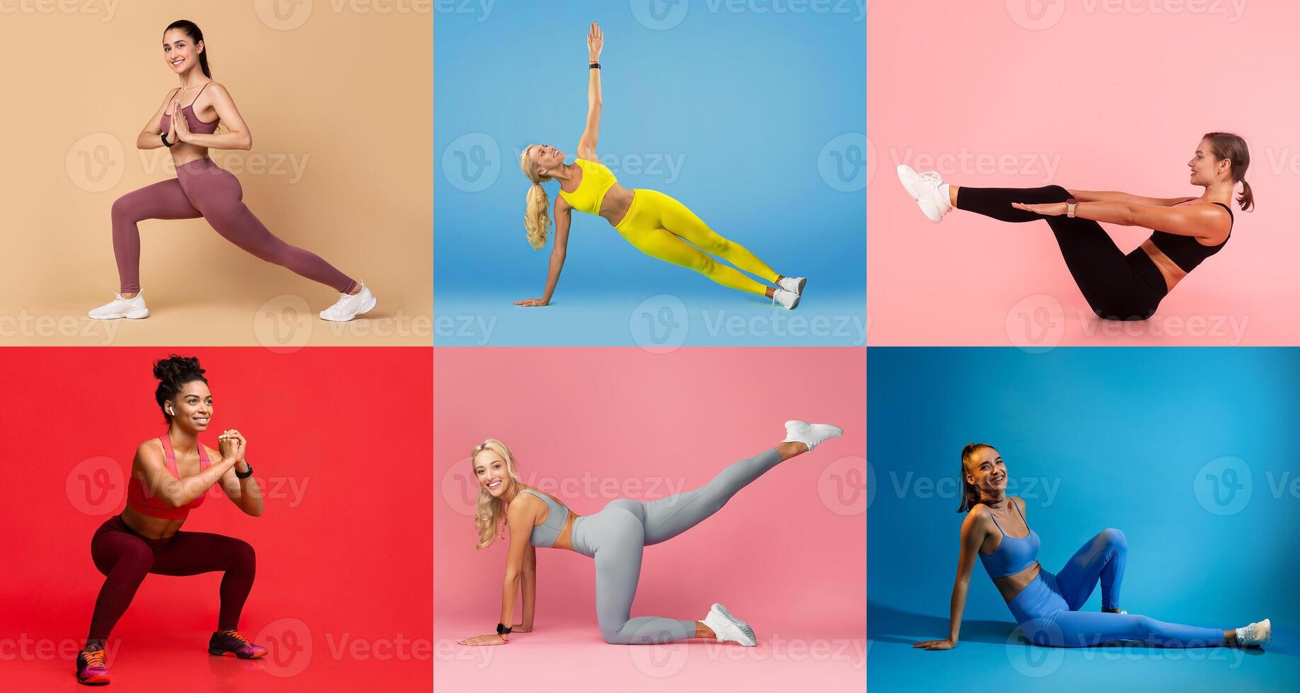 Six women demonstrate different workout routines, showcasing energy and strength. Each athlete wears colorful activewear set against bold backgrounds, highlighting diverse fitness activities. photo