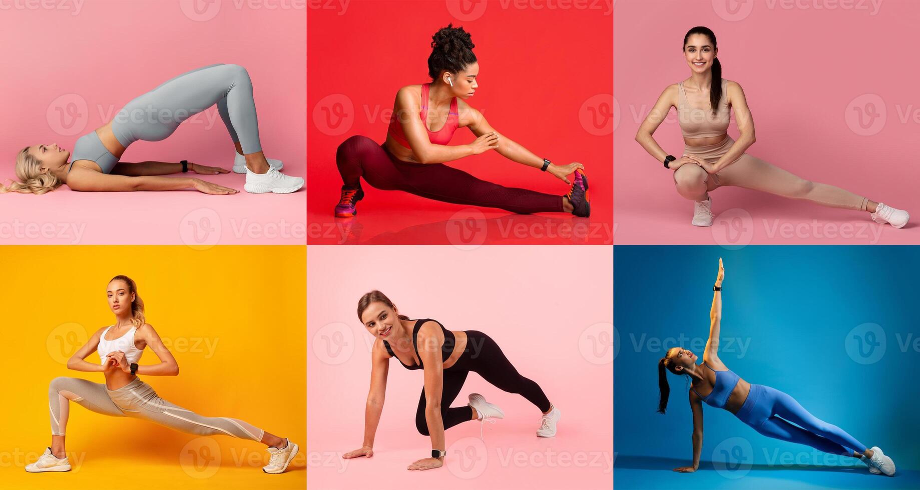 A vibrant collection of women engaged in different exercises, showcasing flexibility and strength against colorful backgrounds. Each poses in a unique athletic outfit. photo