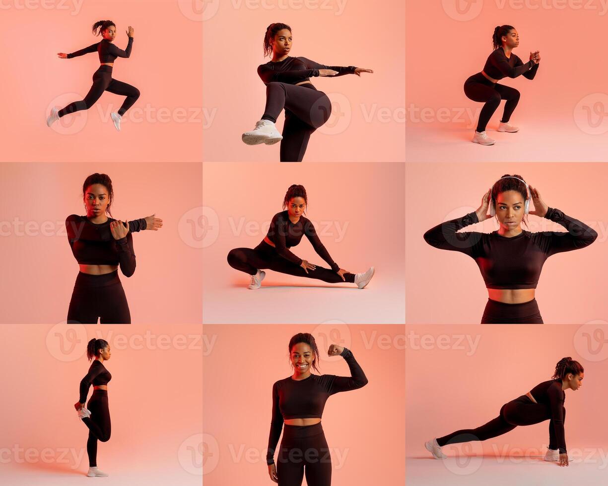A fitness enthusiast black lady showcases a variety of exercises on a soft pastel backdrop. The individual performs lunges, stretches, and strength moves, promoting an active lifestyle and wellness. photo