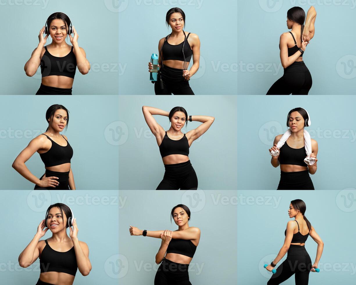 A young African American woman demonstrates different fitness exercises while wearing athletic gear and enjoying her workout routine. She showcases strength and flexibility in her movements. photo