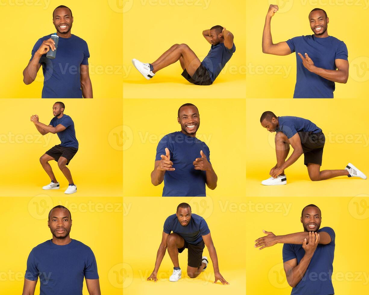 Black man performs a range of fitness exercises, showcasing activities like stretching, sit-ups, and playful gestures against a vibrant yellow backdrop, highlighting energy and enthusiasm. photo