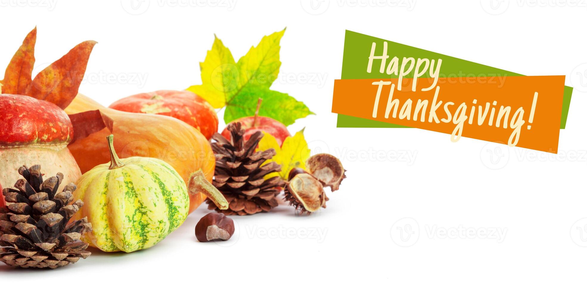 Happy Thanksgiving tag with autumn pumpkins photo