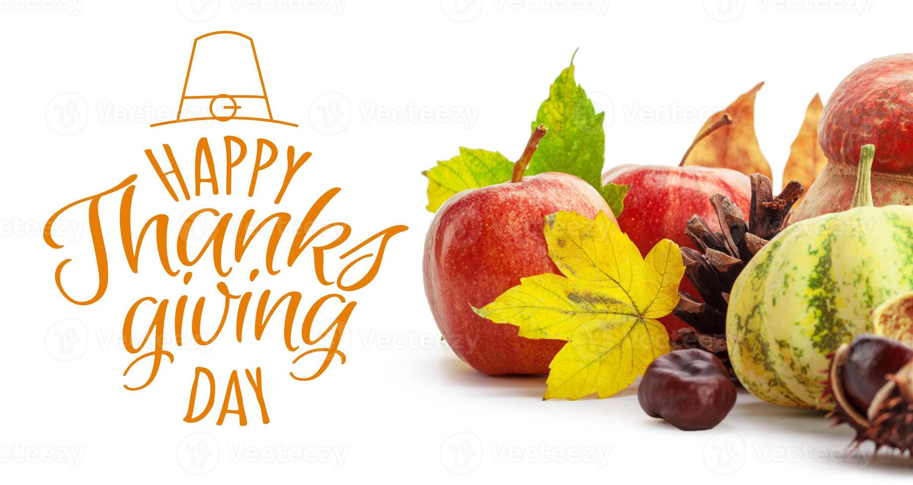 Happy Thanksgiving tag with autumn pumpkins photo