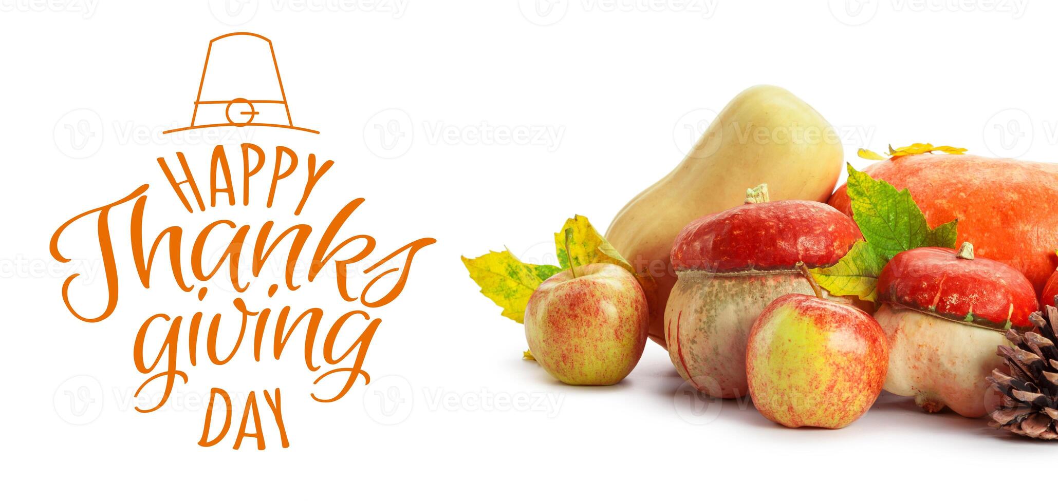 Happy Thanksgiving tag with autumn pumpkins photo