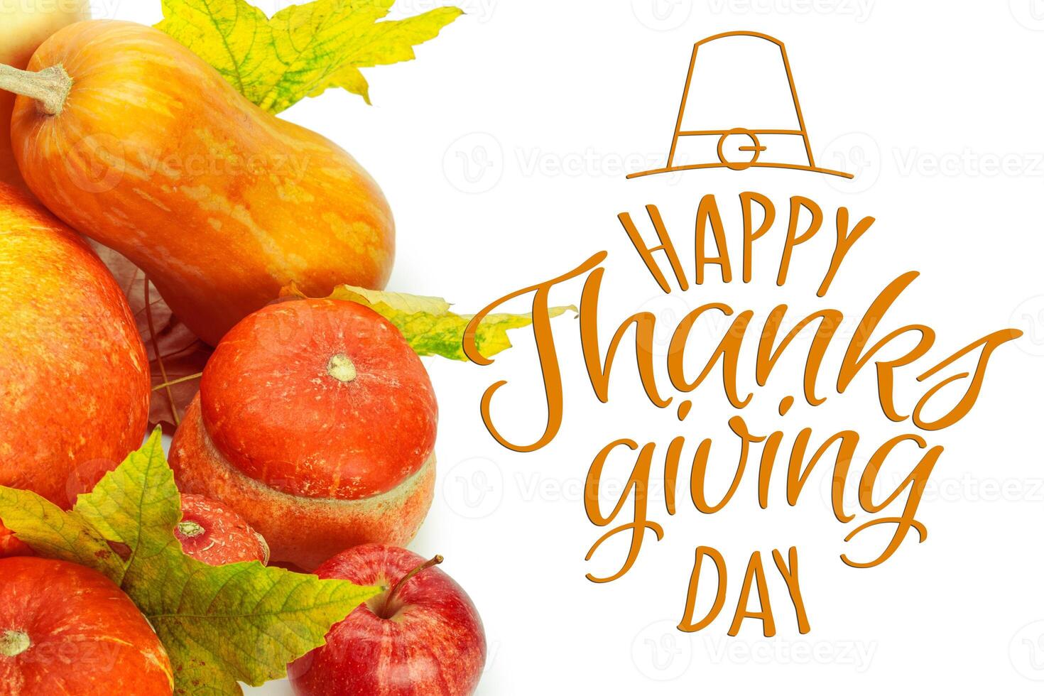 Happy Thanksgiving tag with autumn pumpkins photo