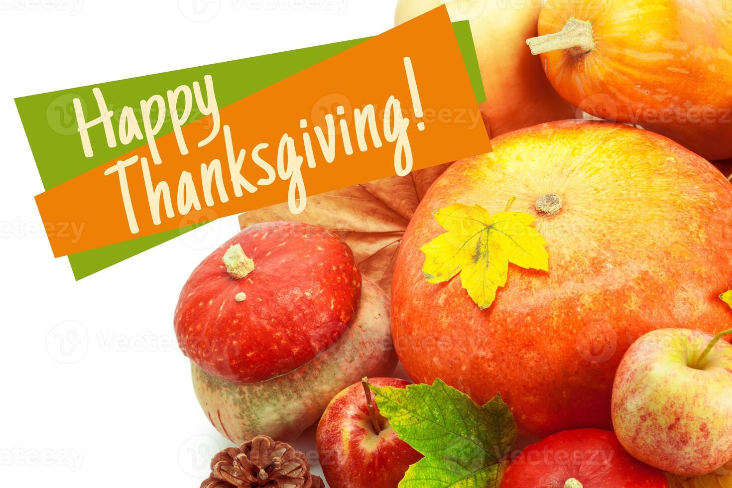 Happy Thanksgiving tag with autumn pumpkins photo
