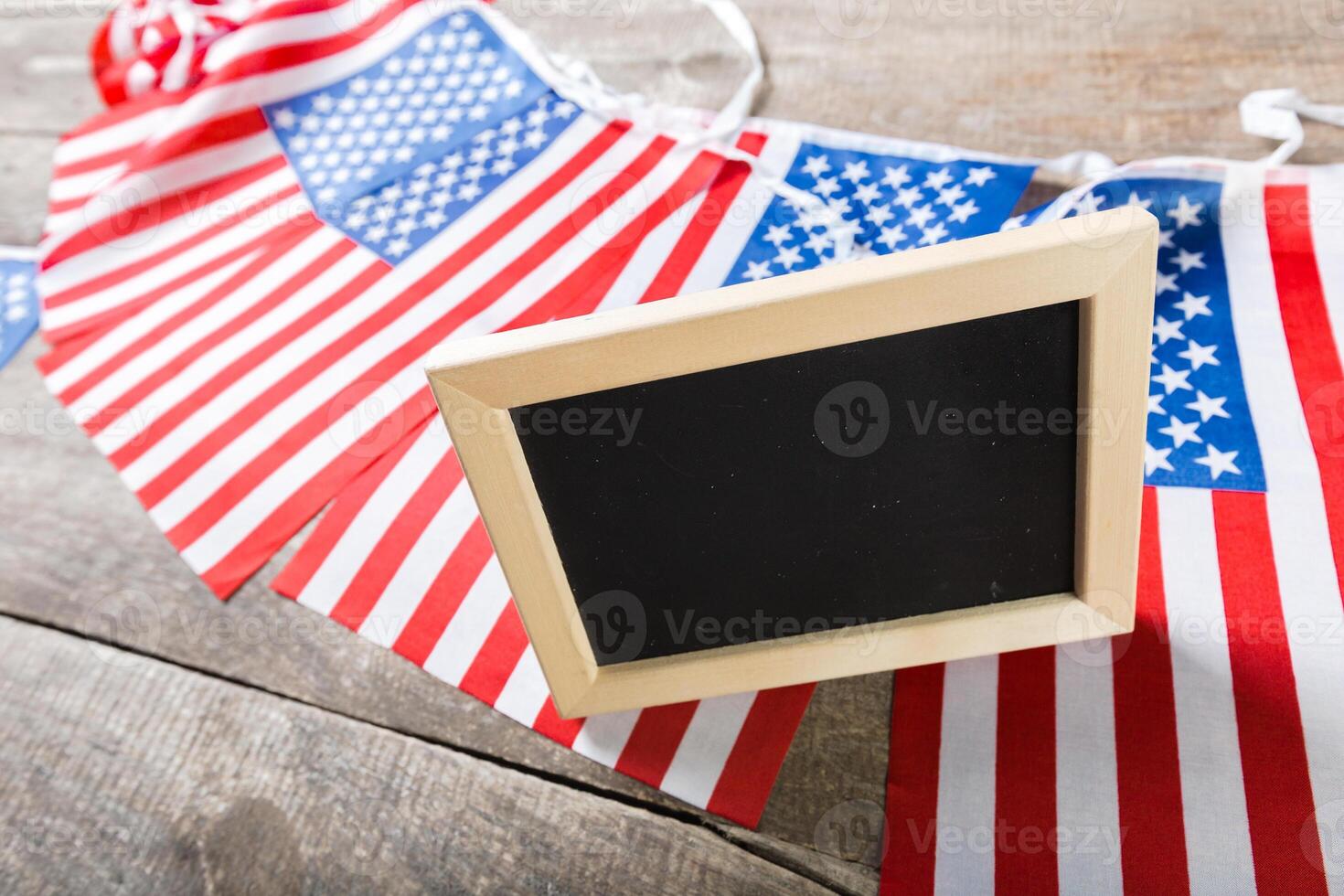 Blank chalk board with American Flag photo