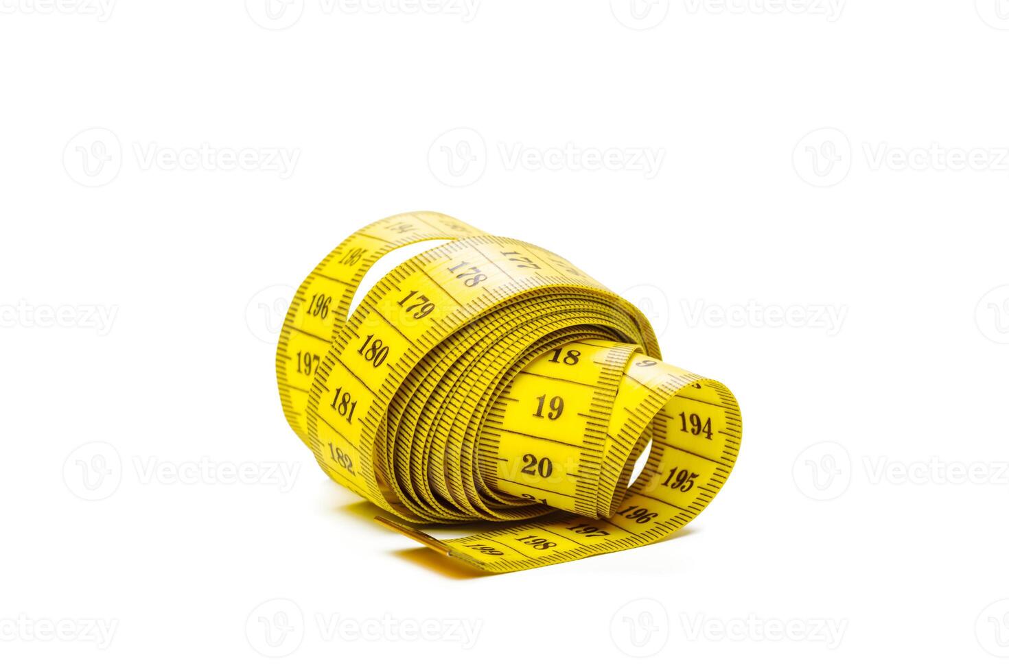 yellow metric measuring tape isolated on white panorama background photo