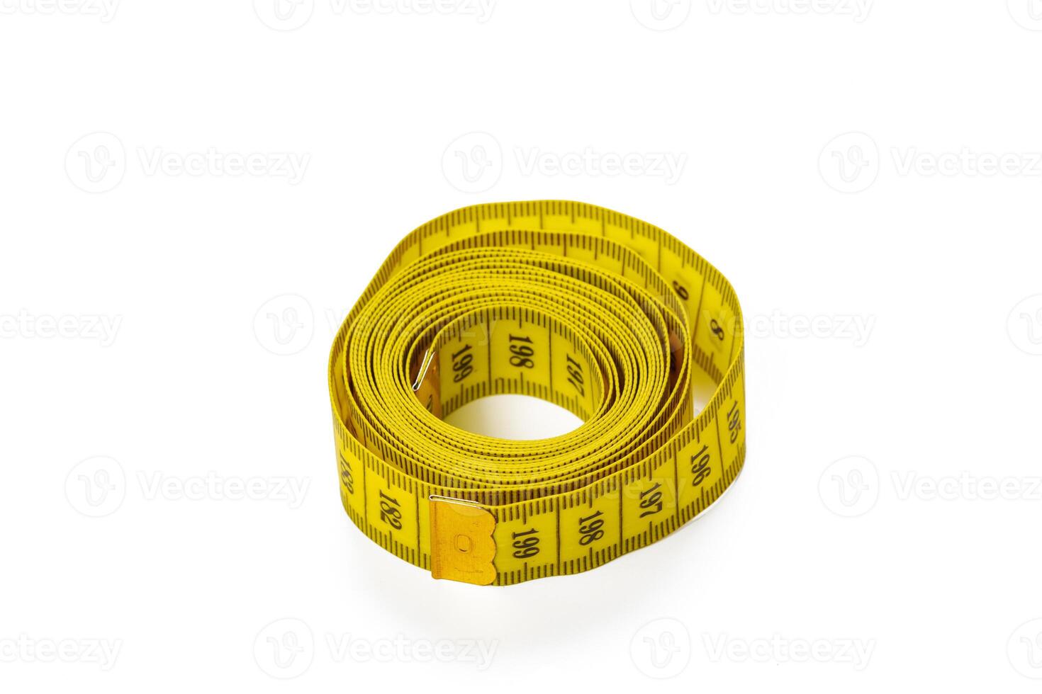 yellow metric measuring tape isolated on white panorama background photo