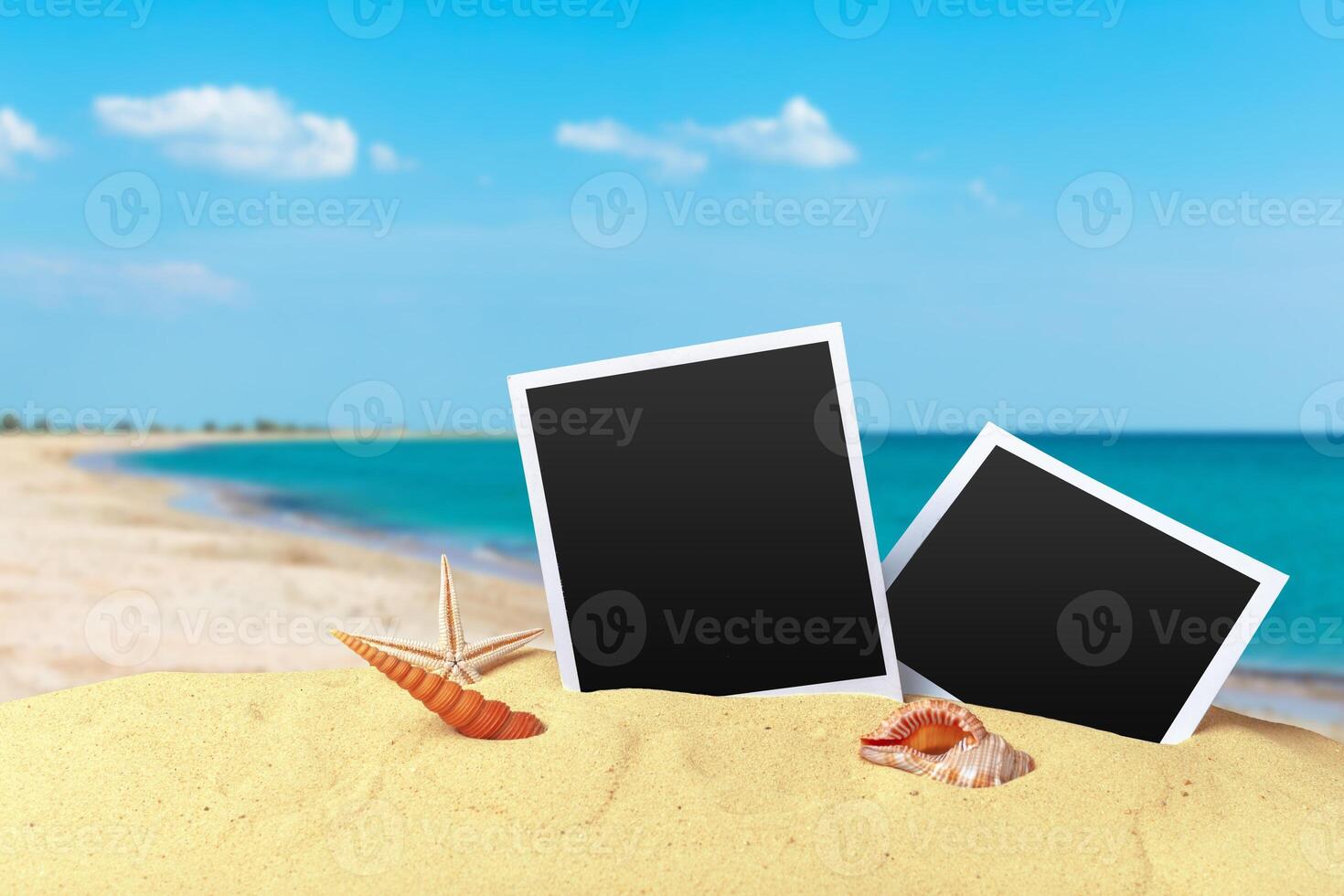 Pictue frame on shells and sand background. Copy space. photo