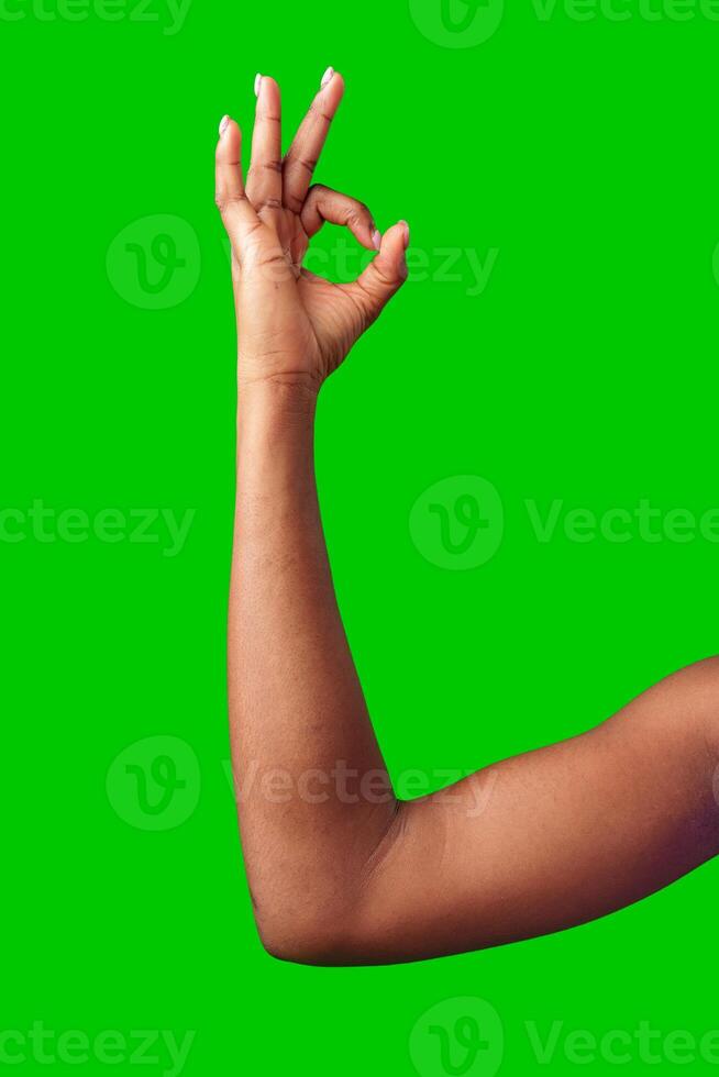 A hand making a gesture with a green background during daylight photo