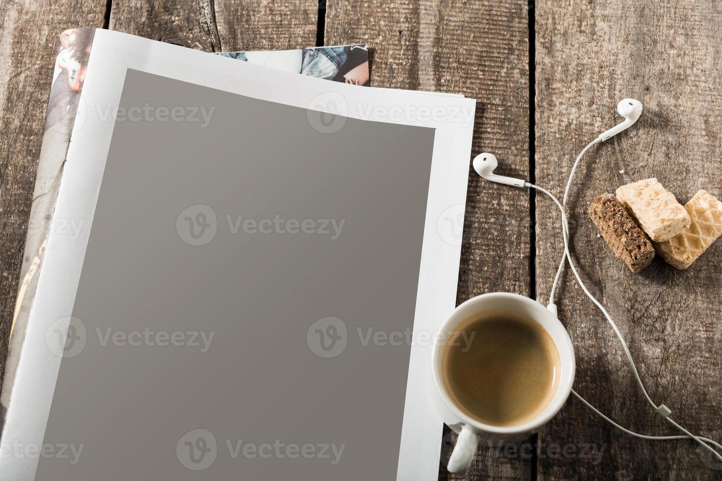 Blank open book, brochure or magazine on vintage wooden table background photo