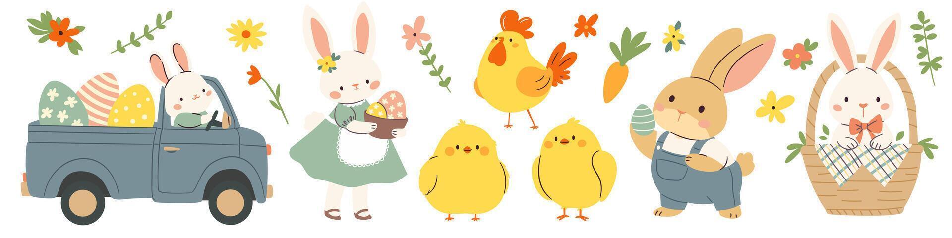 Set of flat illustrations in children's style on the theme of Easter holidays. Cute bunnies on a truck, chickens Easter eggs daisies and plants vector