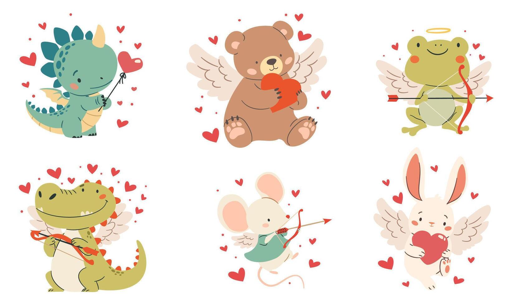 Set of illustrations for Valentine's Day. Cute cupids bear frog crocodile mouse dinosaur and hare, animals with wings and hearts vector