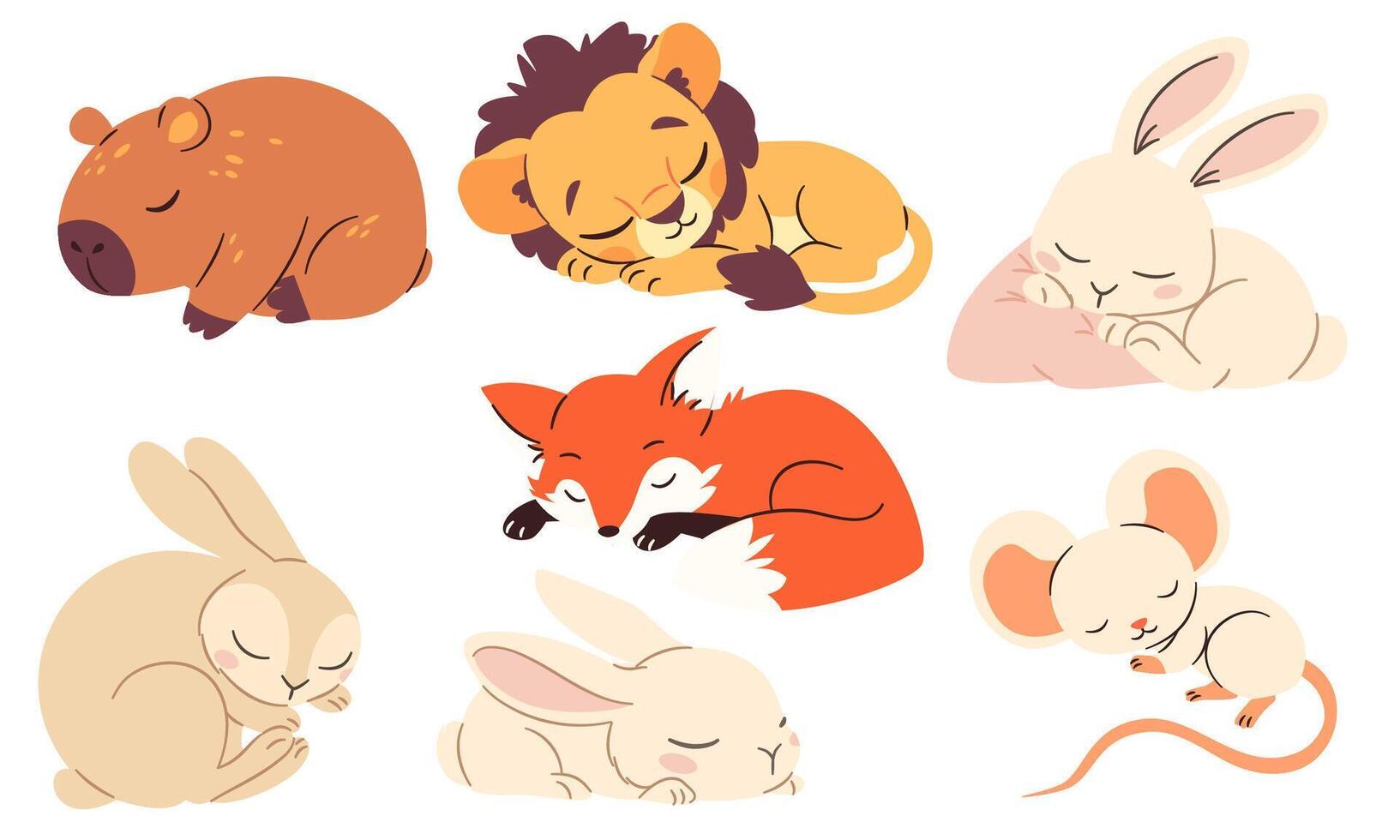 A set of flat illustrations in children's style. Cute sleeping bunnies lion cub fox mouse capybara on white background vector
